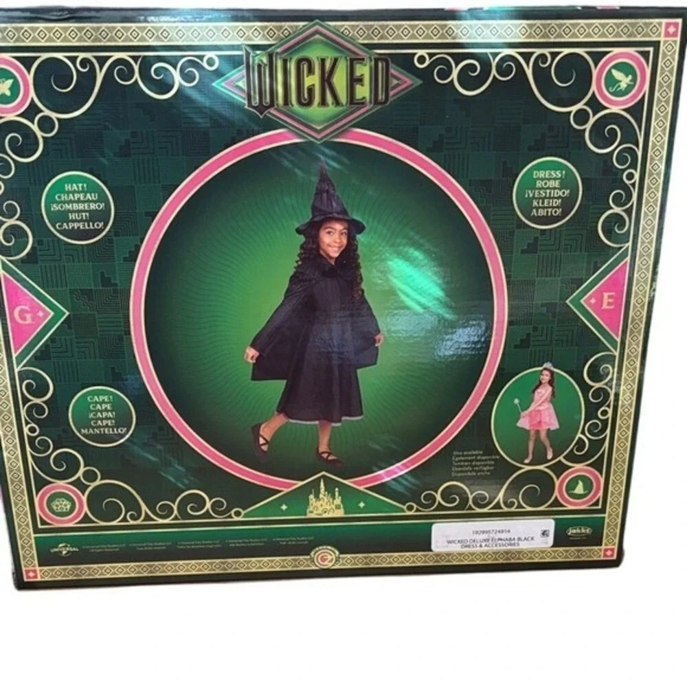 Wicked The Movie: Elphaba Kids Costume SZ 4-6X Dress & Hat Halloween Witch NEW